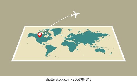 Airplane flying over the world map. Airplane route. Travel concept. Vector illustration.