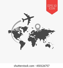 Airplane flying over world map, travel with destination concept. Flat design gray color symbol. Modern UI web navigation, sign. Illustration element