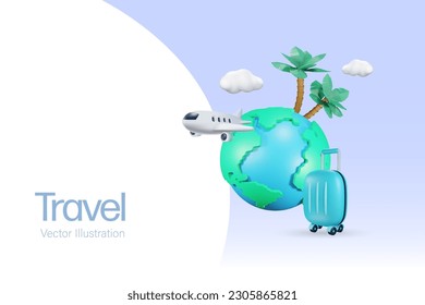 Airplane flying over world and palm trees with luggage. Travel vacation and summer holiday to explore world. 3D vector