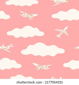 Airplane flying in the pink cloudy sky. Silhouettes of passenger planes. Vacation, fast travel, transportation concept. Hand drawn Vector illustration. Square seamless Pattern. Cartoon style