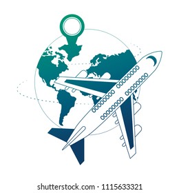 airplane flying with planet earth and pointer location