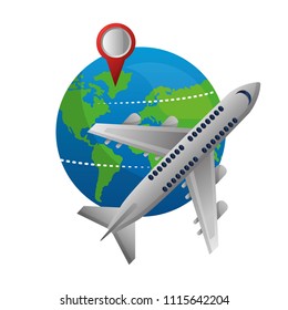 airplane flying with planet earth and pointer location