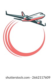 Avión que vuela con la Ilustración vectorial circular roja del rastro en el fondo blanco