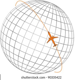 Airplane flying round the globe