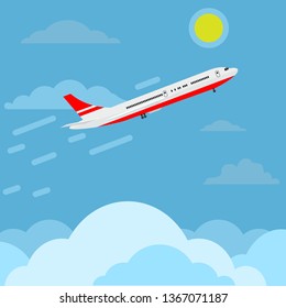 Airplane flying in sky above clouds higher and higher to top. Travel concept ads design. Vector illustration.