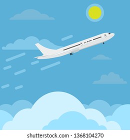 Airplane flying in sky above clouds higher and higher to top. Travel concept ads design. Flat color vector illustration.