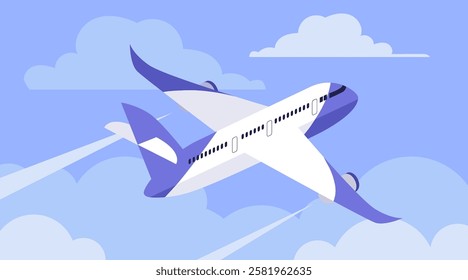 The airplane is flying in the sky among the clouds. Vector illustration in a flat style