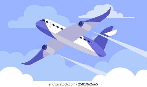 The airplane is flying in the sky among the clouds. Vector illustration in a flat style