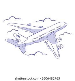 Airplane flying in the sky among clouds on white background. Hand drawn sketch of transport for travel. Vector blue ink isolated illustration in retro style.