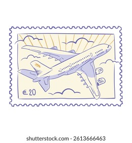 Airplane flying in the sky among clouds and rays of the sun. Vintage stamp or sticker, summer travel postcard. Hand drawn sketch of transport for travel. Vector isolated illustration in retro style.