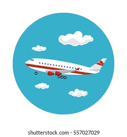 Airplane Flying in the Sky among the Clouds to the West, Travel and Tourism Concept , Air Travel and Transportation, Vector Illustration 