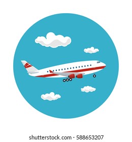 Airplane Flying in the Sky among the Clouds to the East, Travel and Tourism Concept , Air Travel and Transportation, Vector Illustration 