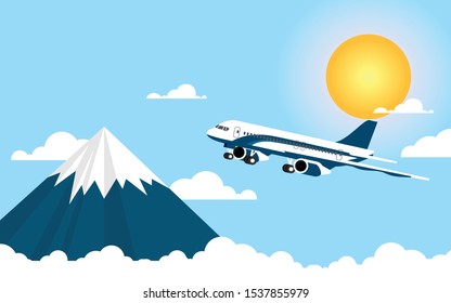 An airplane is flying in the sky with background of the mountain and the sun with blue sky and some cloud