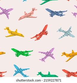 Airplane flying in the sky. Bright colorful silhouettes of passenger planes. Vacation, fast travel, transportation concept. Hand drawn modern Vector seamless Pattern. Square background, wallpaper