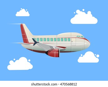 Airplane flying in the sky. Cartoon colorful vector illustration