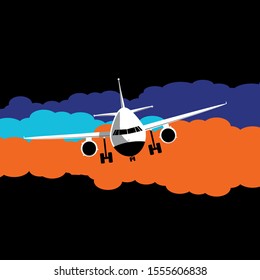 Airplane flying in the sky with clouds. Commercial air shipment, fast freight delivery, global transportation. Worldwide tourist and business flights, low cost airline banner vector illustration.