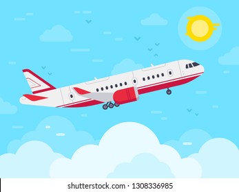 Airplane flying in sky. Jet plane fly in clouds, airplanes travel and vacation aircraft. Flight plane, airplane trip to airport or airline transportation. Aerial flat vector illustration