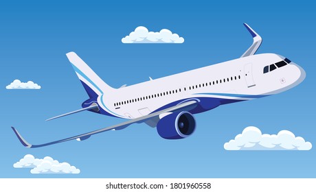 Airplane flying in sky. Jet plane fly in clouds, airplanes travel and vacation aircraft. Flight plane, airplane trip to airport or airline transportation.Flat airplane vector illustration,