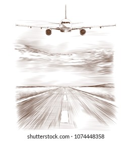 airplane flying in the sky near the runway, sketch vector graphics monochrome drawing