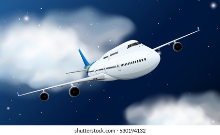 Airplane flying in the sky at night illustration