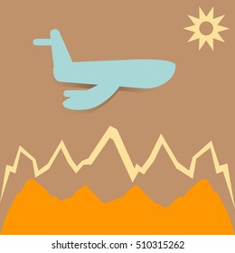 Airplane is flying in the sky over mountains. Vector illustration.