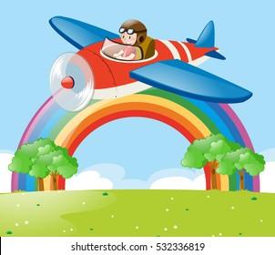 Airplane flying in the sky over the park illustration