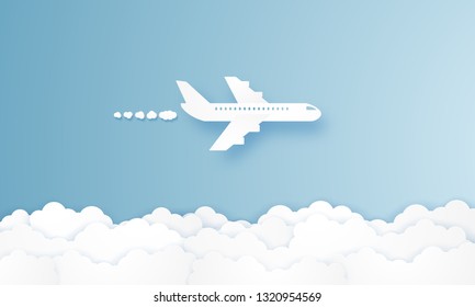 Airplane flying in the sky , paper art style