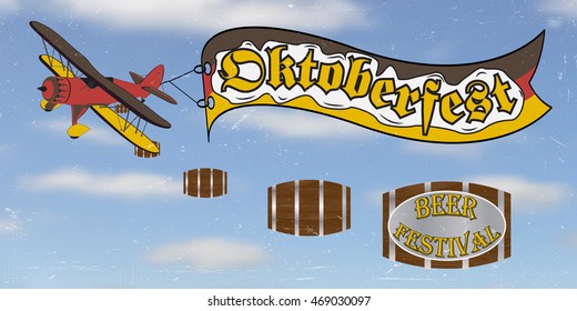 Airplane flying in the sky with a ribbon flag Germany and the text Oktoberfest, resets barrels of beer, retro style, vector illustration