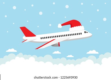 Airplane flying in the sky with Sant's hat. Travel on Christmas holiday. Vector illustration.