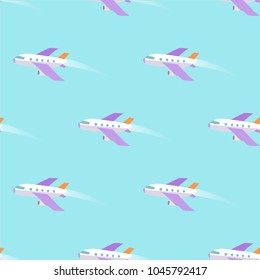 Airplane flying in the sky seamless pattern on blue background. Plane air means of transport endless texture, wallpaper design