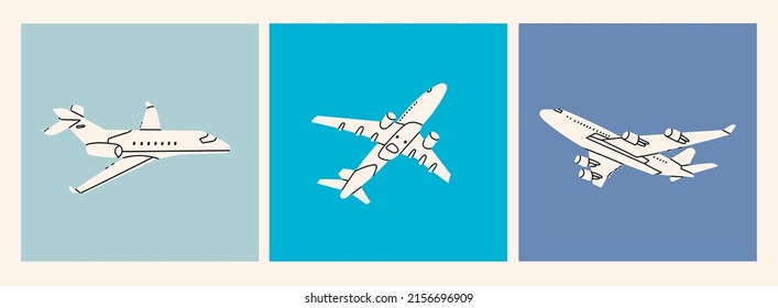 Airplane flying in the sky. Silhouette of passenger plane. Vacation, fast travel, transportation concept. Hand drawn Vector illustrations. Set of three cards. Icon, logo, poster templates