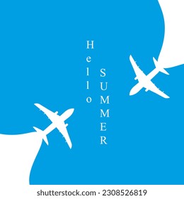 Airplane flying in the Sky. Summer card with Plane. Aircraft silhouette in the blue Sky opens background behind itself. Charter flight. Square Vector illustration.