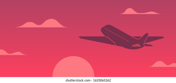 Airplane flying in the sky at sunset vector illustration. Concept vacation with plane and red sunset background