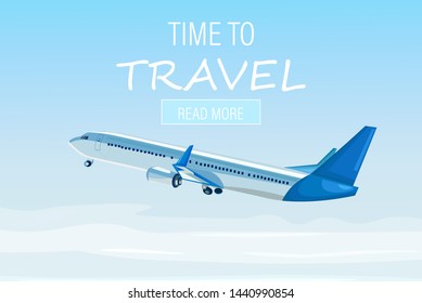 Airplane flying in the sky Vector flat style. Travel poster advertise concept