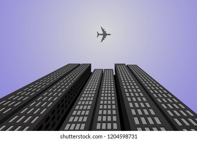the airplane flying in the sky visible between the skyscrapers