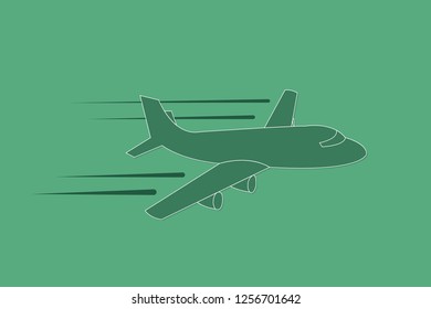 Airplane flying with speed and straight path vector illustration on green background