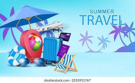 airplane flying and summer vacation fun sport objects,travel objects on the blue floor and coconut trees art decorative wall. summer travel promotion and marketing banner advertisement  template.