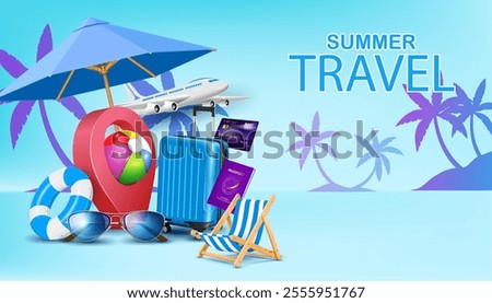 airplane flying and summer vacation fun sport objects,travel objects on the blue floor and coconut trees art decorative wall. summer travel promotion and marketing banner advertisement  template.