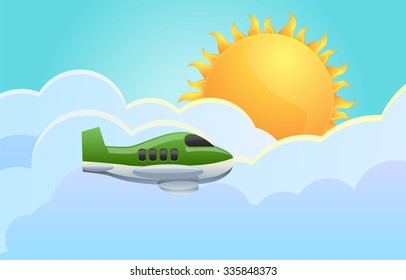 Airplane flying with sun in the background vector