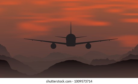 An airplane flying at sunset in mountains. Vector illustration.
