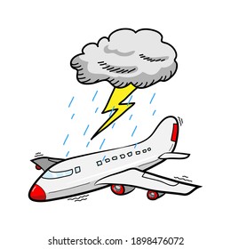 Airplane flying through bad weather and thunderstorm, passenger airplane in turbulence during storm.