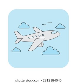 Airplane flying through a clear blue sky with clouds. Commercial jetliner in flight for travel and transportation vector illustration.