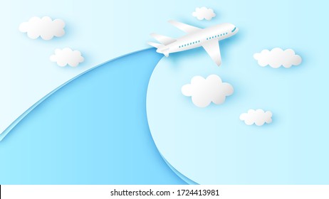 Airplane flying through cloud on blue sky. Airplane aerial view. paper cut and craft style. vector, illustration.