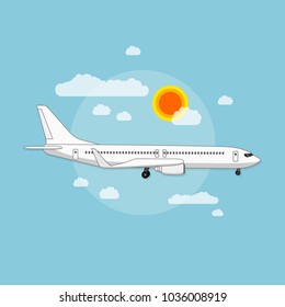 Airplane flying through clouds in the blue sky. Flat design style. Vector illustration