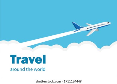 airplane flying through clouds in the blue sky. travel around the world. vector illustration modern flat design. copy space for text input. 