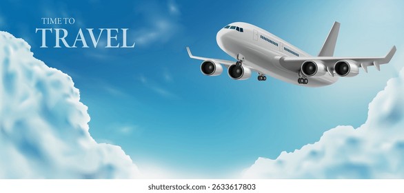 airplane flying through the clouds in the blue sky. 3D realistic design template vector illustration.travel concept background, banner and time to travel advertising backdrop element.