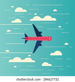 Airplane flying through clouds in the blue sky,Vector illustration.