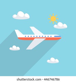 Airplane flying through clouds in the blue sky. Aircraft with long shadow. Flat design vector illustration.