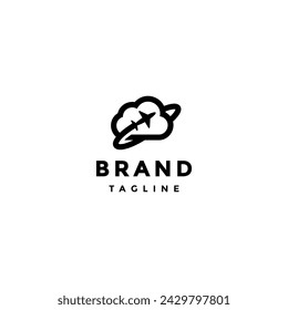 Airplane Flying Through Clouds Logo Design. Airplane And Clouds Outline Silhouette Logo Design.