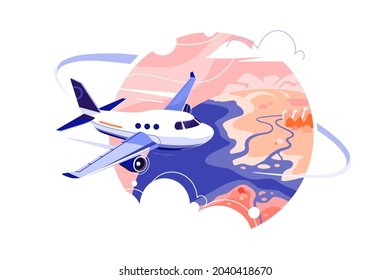 Airplane flying through clouds in sky vector illustration. Go on vacation flat style. Travel around world, explore new places concept